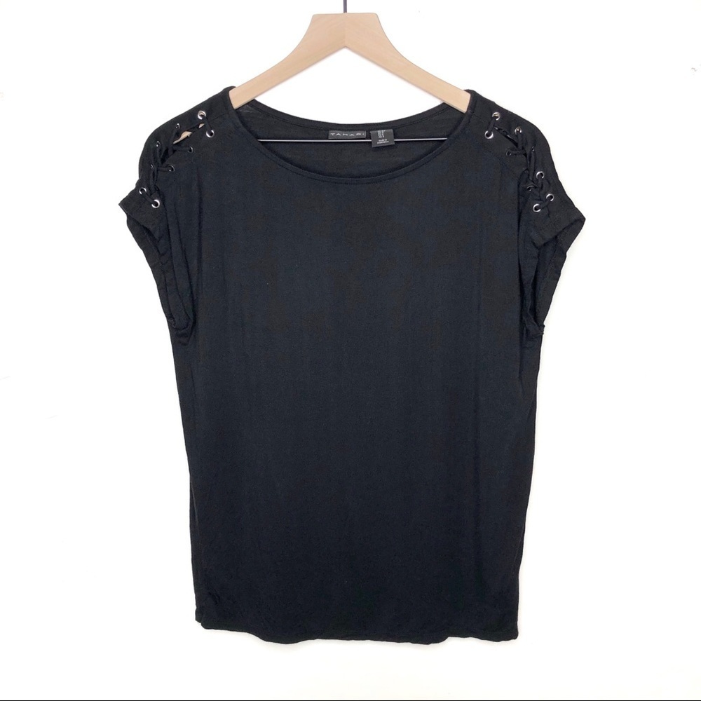 Tahari Lace Up Shoulder Short Sleeve Top Black S